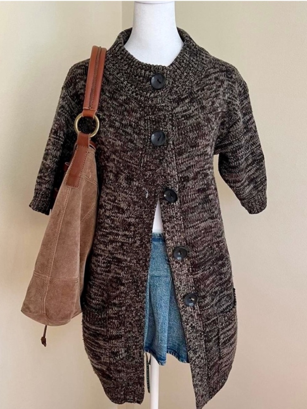 Vintage Y2K Wool Knit Twee Preppy Grunge Babydoll Long Cardigan Sweater Brown XS